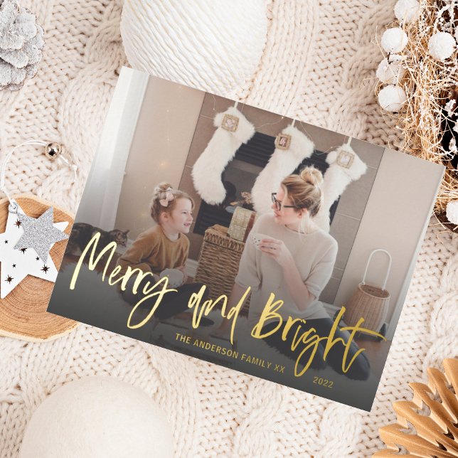 Merry and Bright Gold Foil Script Photo Christmas  Foil Holiday Postcard (Creator Uploaded)