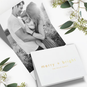 Merry and Bright   Gold Minimal Christmas Photo Foil Card