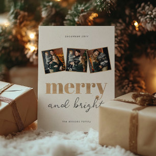 Merry and Bright Gold Photo Collage Christmas Holiday Card