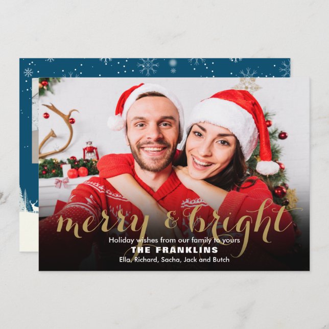 Merry and Bright Gold Script 4 Photo Christmas Holiday Card (Front/Back)