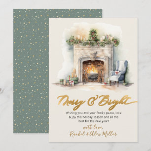 Merry and Bright Gold Script Fireplace Non Photo Holiday Card