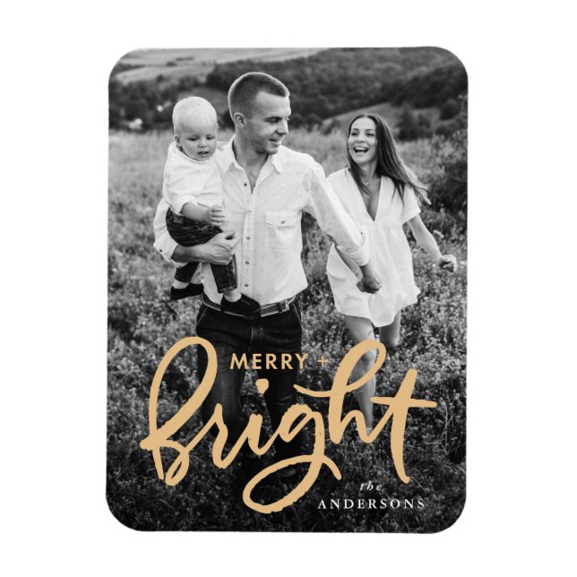 Merry and Bright Gold Script Holiday Photo Magnet (Vertical)
