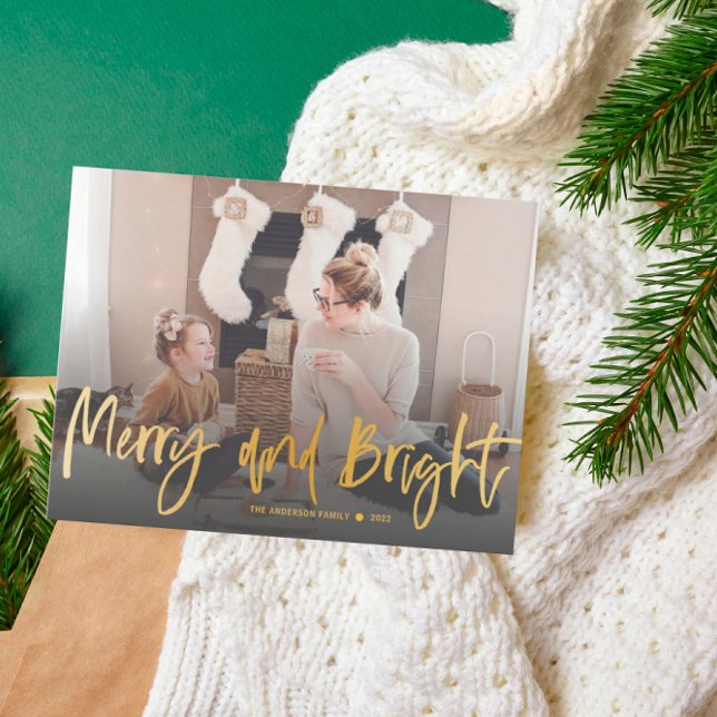 Merry and Bright Gold Script Photo Christmas  Postcard (Creator Uploaded)