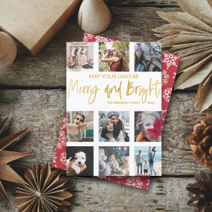 Merry and Bright Gold Script Photo Collage  Holiday Card