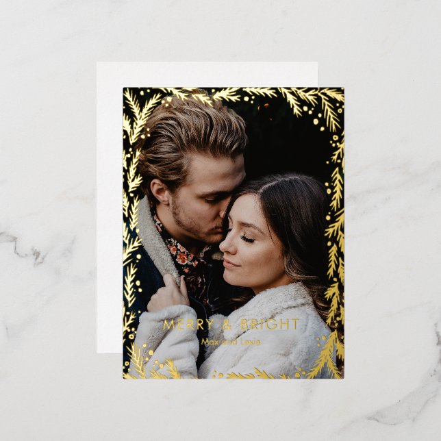 Merry and Bright Golden Wreath photo Christmas  Foil Holiday Postcard (Front/Back)