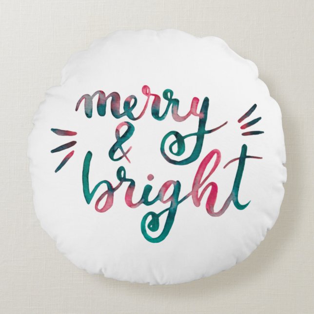Merry and bright - green and pink round cushion (Front)