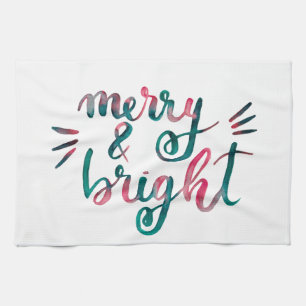 Merry and bright - green and pink tea towel