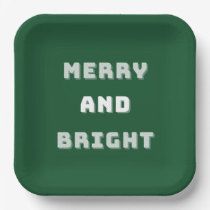 Merry and Bright, Green Christmas Art, Holiday Paper Plate