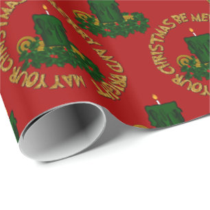 MERRY AND BRIGHT,GREEN CHRISTMAS CANDLE-GIFT WRAP WRAPPING PAPER