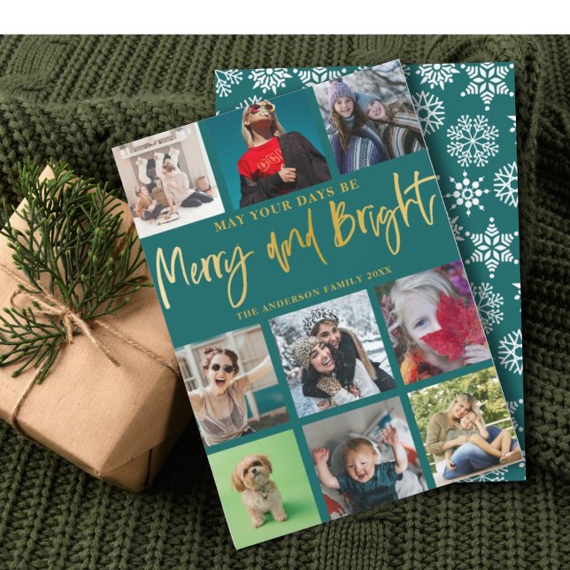 Merry and Bright Green & Faux Gold Photo Christmas Holiday Card (Creator Uploaded)