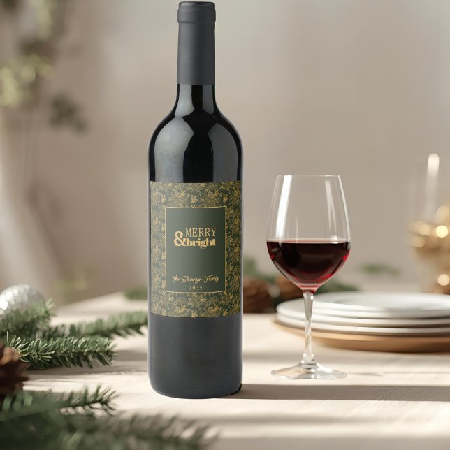 Merry And Bright Green Faux Gold Wine Label (Creator Uploaded)