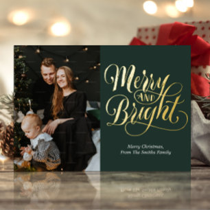 Merry and Bright Green Gold Calligraphy Photo