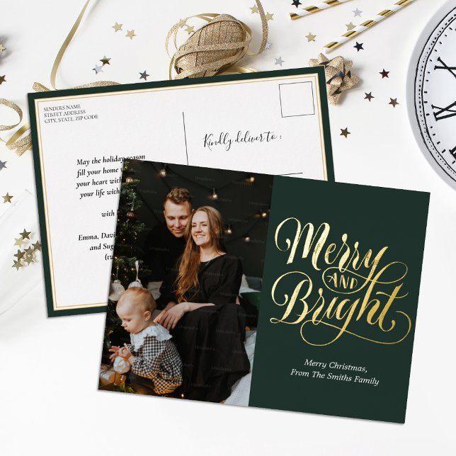 Merry and Bright Green Gold Calligraphy Photo Foil Holiday Postcard (Creator Uploaded)