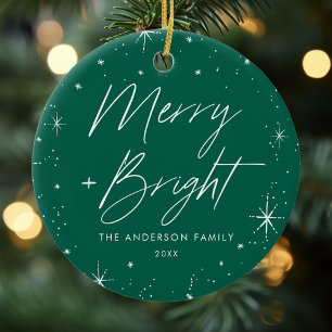 Merry and Bright Green Holiday Photo Ceramic Tree Decoration