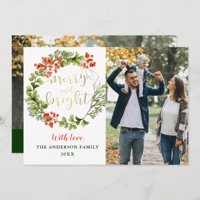 Merry and Bright Greenery Holly Wreath 2 Photo Holiday Card (Front/Back)