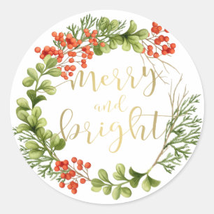 Merry and Bright Greenery Wreath Holiday Classic Round Sticker