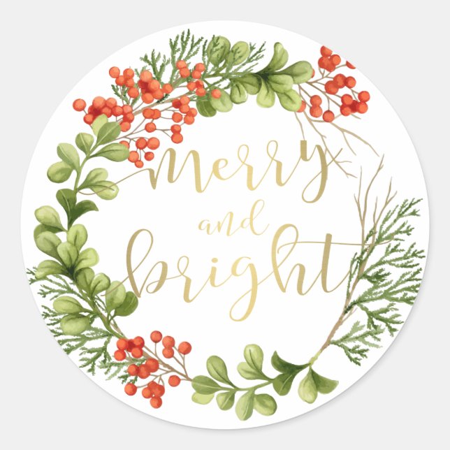 Merry and Bright Greenery Wreath Holiday Classic Round Sticker (Front)