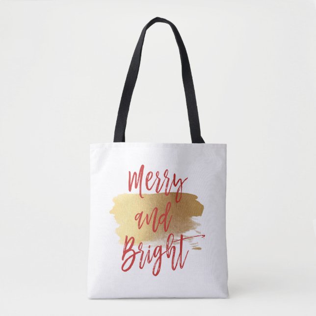 Merry and Bright Hand Lettered Script Tote Bag (Front)