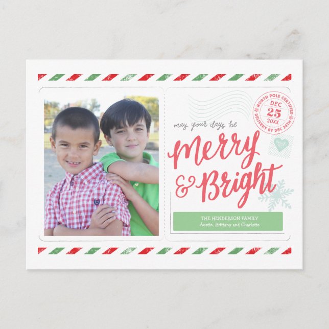 Merry and Bright Hand Lettered Stamp Postcard (Front)