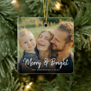 Merry and Bright   Happy Family Christmas Photo Ceramic Ornament