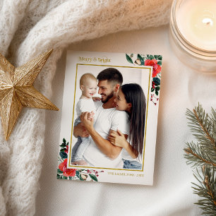 Merry And Bright Holiday Christmas Floral Photo Postcard