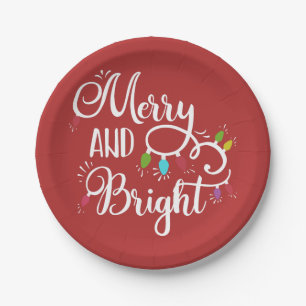 merry and bright holiday lights paper plate