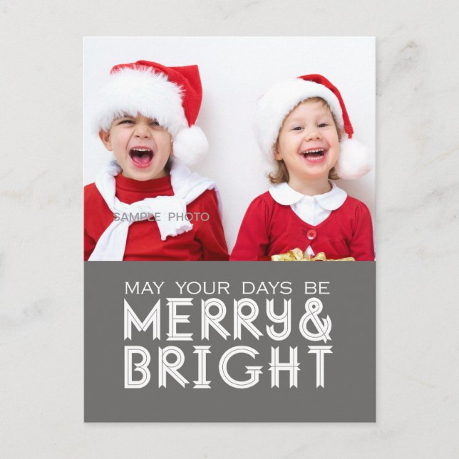 MERRY AND BRIGHT HOLIDAY PHOTO POSTCARD GREY (Front)