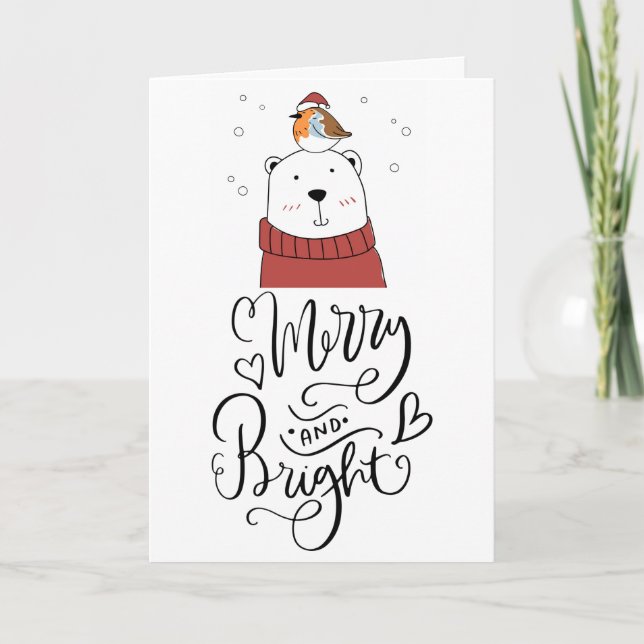 Merry And Bright Holiday Whimsical Polar Bear Card (Front)