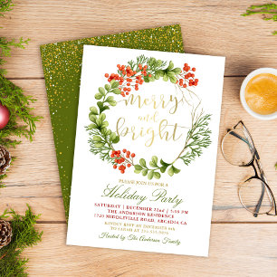 Merry and Bright Holly Berries Holiday Party Invitation