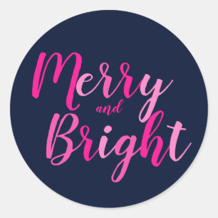 Merry and Bright Hot Pink Blue Classic Round Sticker