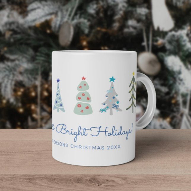 Merry and Bright Hygge Holiday Forest Coffee Mug (Hand-drawn Custom Scandinavian Christmas tress mug with your text)