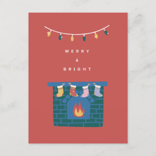 Merry and Bright Illustrated Fireplace Christmas Holiday Postcard