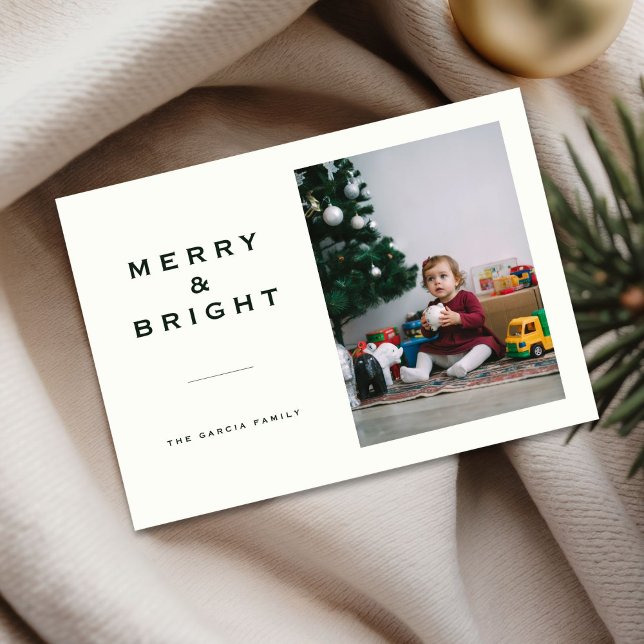 Merry and Bright Ivory & Green Baby Family Photo Holiday Card (Creator Uploaded)