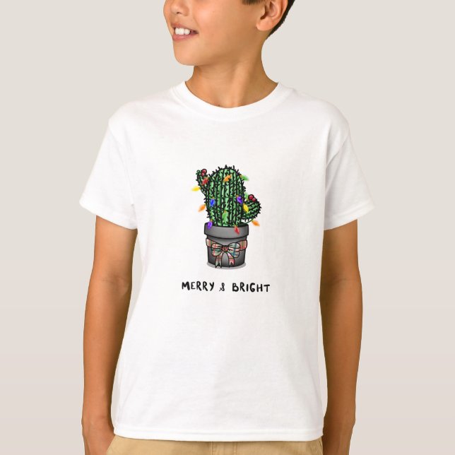 Merry and Bright Kids Holiday Cactus T-Shirt (Front)
