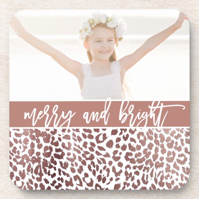 Merry and Bright Leopard Print Photo Holiday Coaster (Front)