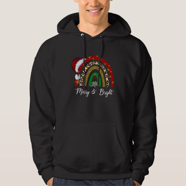 Merry And Bright Leopard Rainbow Christmas  Santa  Hoodie (Front)