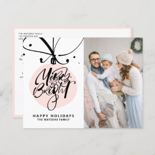 Merry and Bright Lettering Pink Ornament Photo Holiday Postcard
