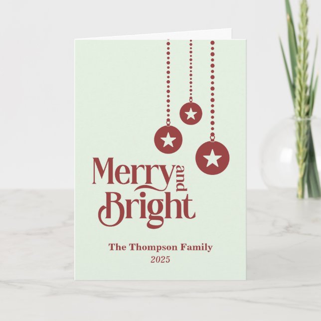 "Merry and Bright" Light Green Christmas Card (Front)