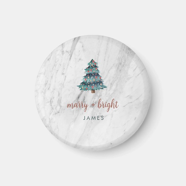 Merry and Bright Marble Christmas Tree and Script Magnet (Front)