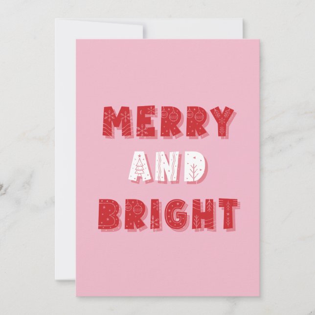 Merry and Bright, Merry Christmas, Christmas, Pink Holiday Card (Front)