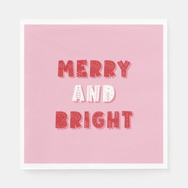 Merry and Bright, Merry Christmas, Christmas, Pink Napkin (Front)