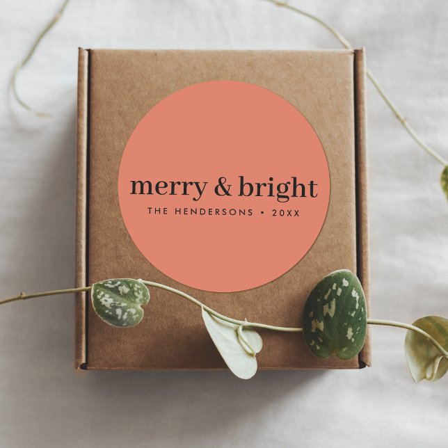 Merry and Bright | Minimalist Christmas Soft Red Classic Round Sticker (“Merry & Bright” round stickers by Guava, in soft coral)