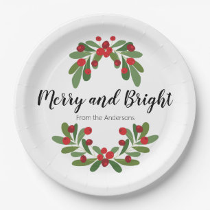 Merry and Bright Mistletoe Family Name Script Paper Plate
