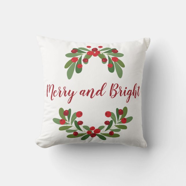 Merry and Bright Mistletoe Holiday Throw Pillow (Front)