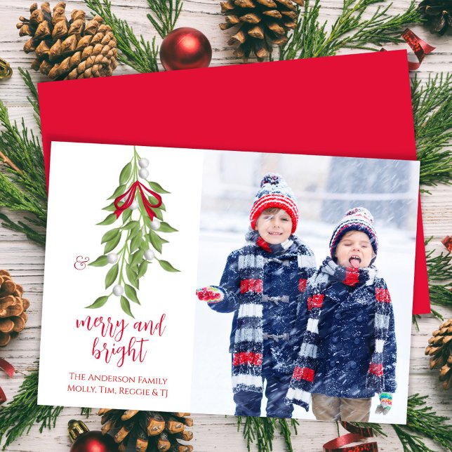 Merry and Bright Mistletoe One Photo Watercolor Holiday Card (Merry and Bright calligraphy script photo card. )