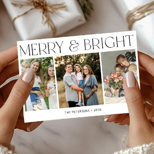 Merry and Bright modern 3 photos Christmas Holiday Card