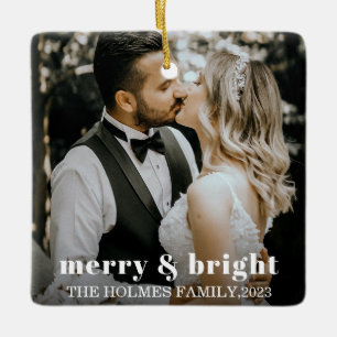 merry and bright modern christmas couple photo  ceramic ornament