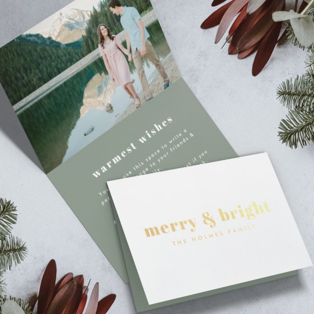 Merry and Bright | Modern Christmas Couple Photo Foil Card (Send festive cheer with a modern gold foil Merry & Bright photo card by Guava)