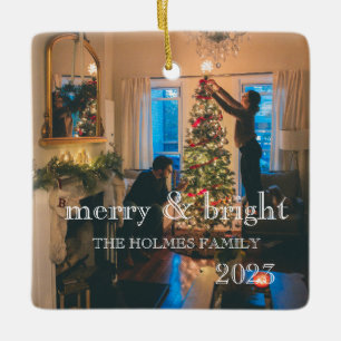 Merry and Bright Modern Christmas Couple Photo O Ceramic Ornament