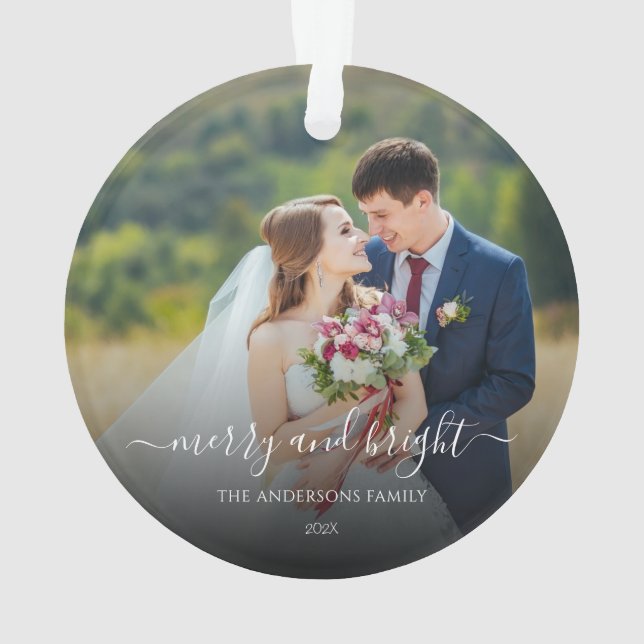 Merry and Bright | Modern Christmas Couple Photo O Ornament (Back)